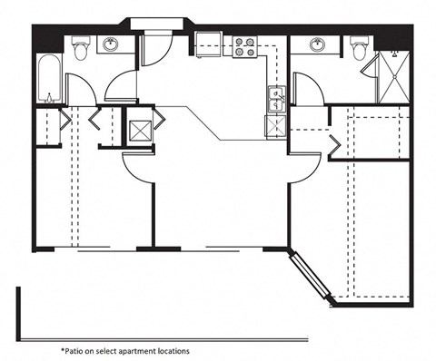 Floor plan for 2 beds, 2 baths, 899 sqft